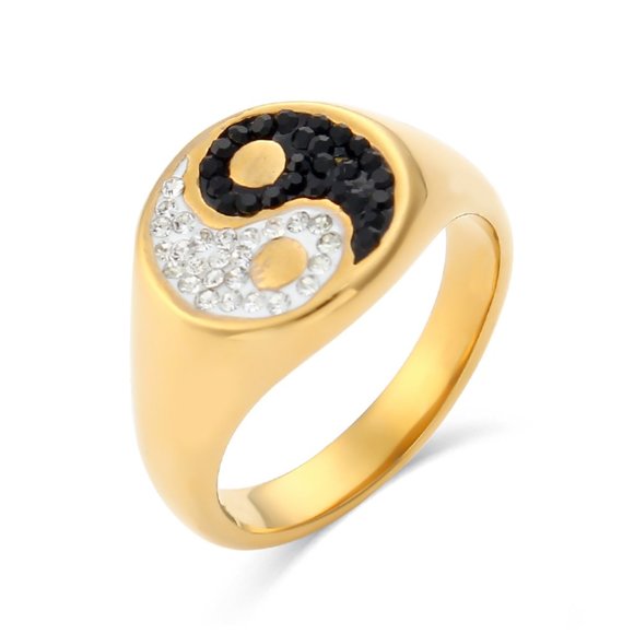 Yin Yang Zircon Black &‎ White Ring 18K Gold Plating - Picture 1 of 10